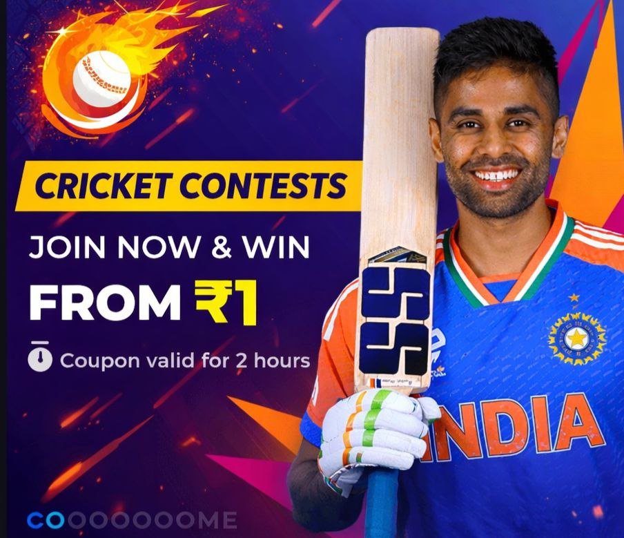 ComeAppCricket contest promotional banner featuring an Indian cricket player holding a bat with “Join Now & Win From ₹1” offer.