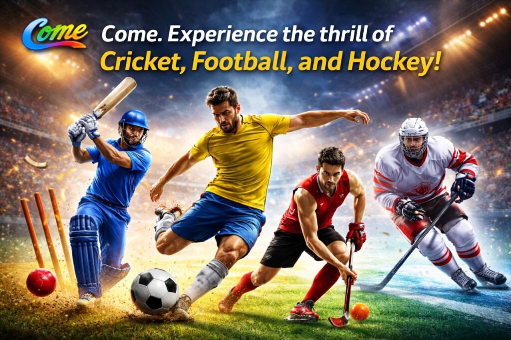 Come apk Promotional sports banner featuring cricket, football, and hockey players in action with the text “Experience the thrill of Cricket, Football, and Hockey.”